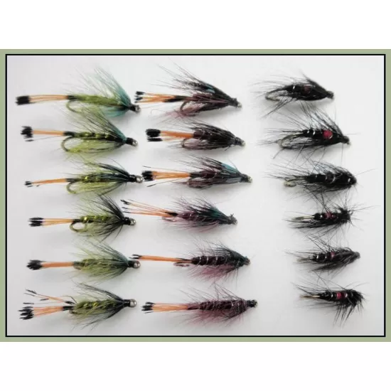 18 Wet Flies, Bumbles (Claret & Olive) and Bibios