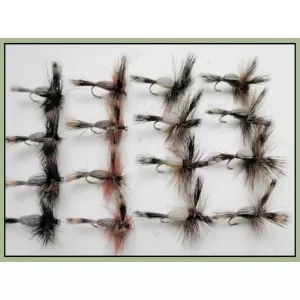 16 Humpy Flies - Black, Brown, Yellow, Olive