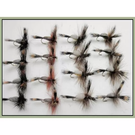 16 Humpy Flies - Black, Brown, Yellow, Olive