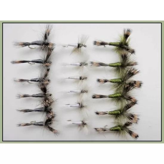 18 Barbless Wulff flies -Olive, White and Grey