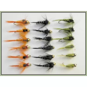 18 Goldhead Silver Ribbed Nymphs - Olive, Orange, Black