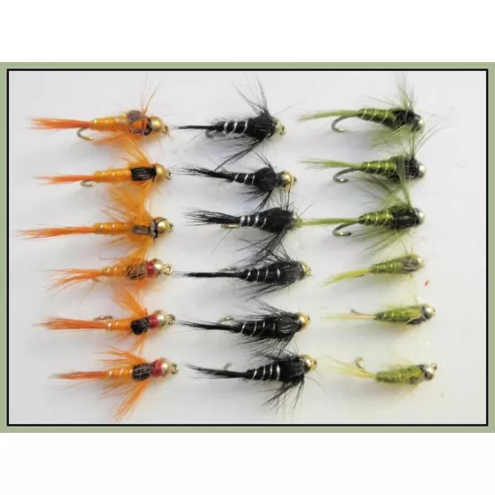 18 Goldhead Silver Ribbed Nymphs - Olive, Orange, Black