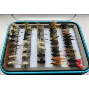 96 BOXED BARBLESS FLIES - Wets, Dries, Nymphs, Buzzers, Goldheads - IN BLUE RIM BOX