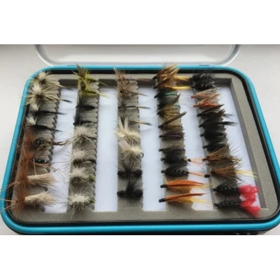96 BOXED BARBLESS FLIES - Wets, Dries, Nymphs, Buzzers, Goldheads - IN BLUE RIM BOX
