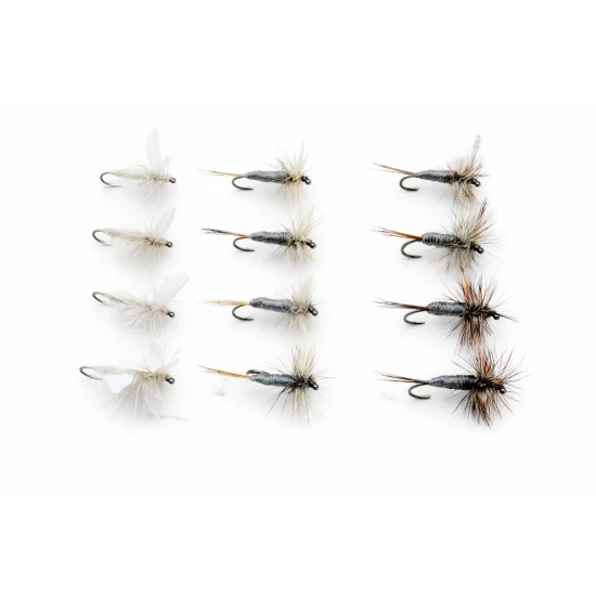 12 BARBLESS Dry Flies - Grey Duster, Adams and Moth