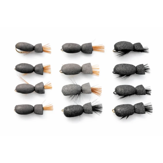 BARBLESS 12 Dry Flies - Beetles, Black and Brown (Standards)