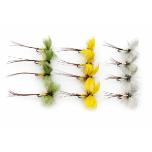 12 Barbless Drake Mayflies - Yellow, Green, Grey