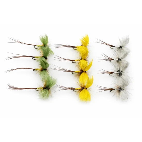 12 Barbless Drake Mayflies - Yellow, Green, Grey