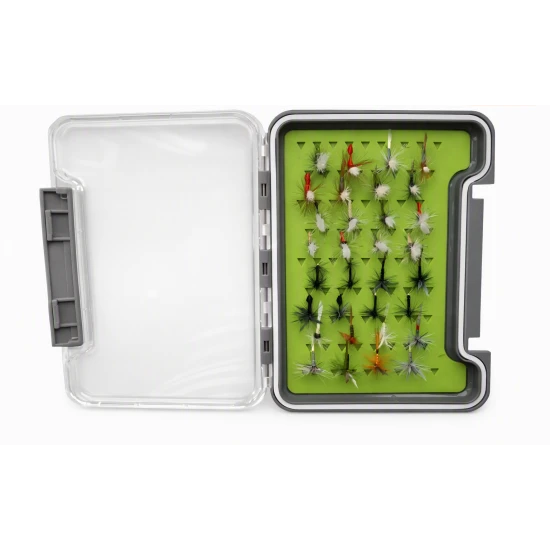 32 Parachute, Klinkhammer and Traditional Flies in a Troutflies Silicone MEDIUM green Box