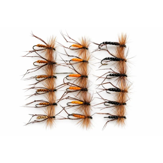 18 Barbless Hoppers- Black, Brown & Orange