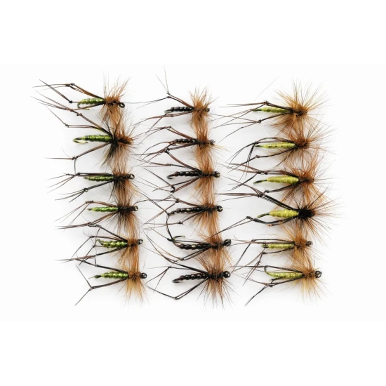 18 Barbless Hoppers - Olive, Yellow and Claret