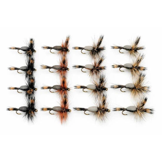 16 Barbless Humpy Flies - Black, Brown, Yellow, Olive