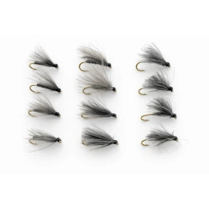 BARBLESS 12 Mixed CDC F  Flies - olive, black and hares ear