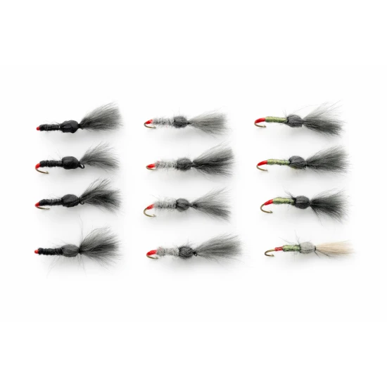 12 Barbless Shuttlecock Flies - Olive, Black & Hares ear