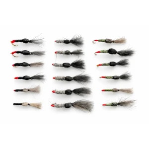 18 Barbless CDC Shuttlecocks - Black, Olive & Hares ear