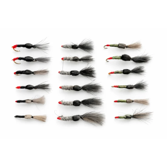 18 Barbless CDC Shuttlecocks - Black, Olive & Hares ear