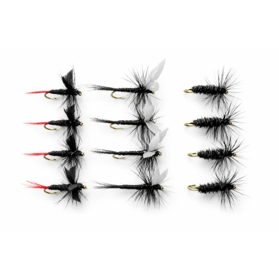 12 Barbless Dry Flies - Black Gnat, Black &  Peacock & Red Tailed Gnat