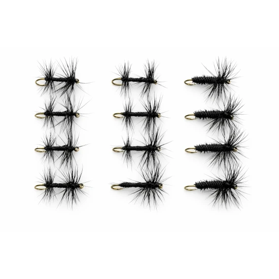 12 Barbless Dry Flies - Black Spider and Knotted Midge