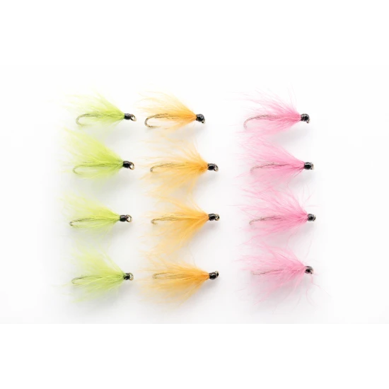 12 Mixed Coloured Wing CDC F  Flies - Olive, Pink, Orange