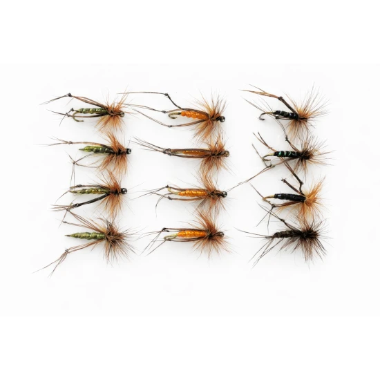 12 Barbless Hoppers Black, Brown & Olive