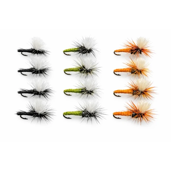 12 Barbless klinkhammer Dry Flies - Beige, Black and Olive