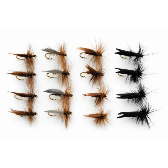 16 Barbless Sedge Flies - Silver, Black Horned,Olive and Brown
