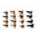 16 Barbless Sedge Flies - Silver, Black Horned,Olive and Brown