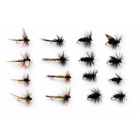 16 Small Hook Dry Flies - Greenwell, Alder and Black and Peacock