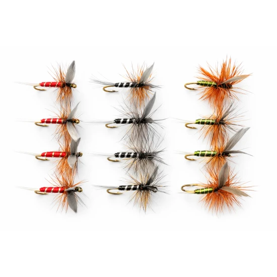 12 Barbless Spinners, Red, Black & Olive