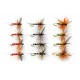 12 Barbless Spinners, Red, Black & Olive