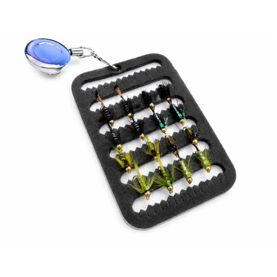 16 Black and Olive Goldhead Nymph on a Fly Patch with a Zinger