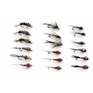 18 Barbless Goldhead Jig Flies - Black pearl, Brown pearl, Hares ear, Red
