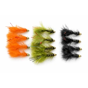 12 Barbless Goldhead Flash Damsels. Orange, Black & Olive