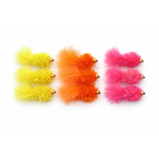 12 Barbless Goldhead Hot Blobs - Orange Pink & Yellow