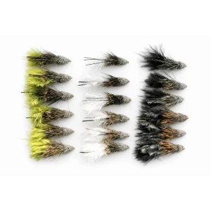 18 Barbless Muddlers, Black White and Olive