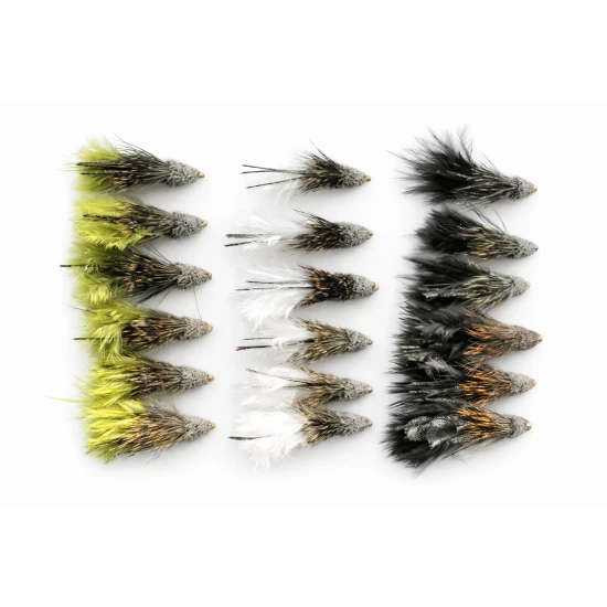 18 Barbless Muddlers, Black White and Olive