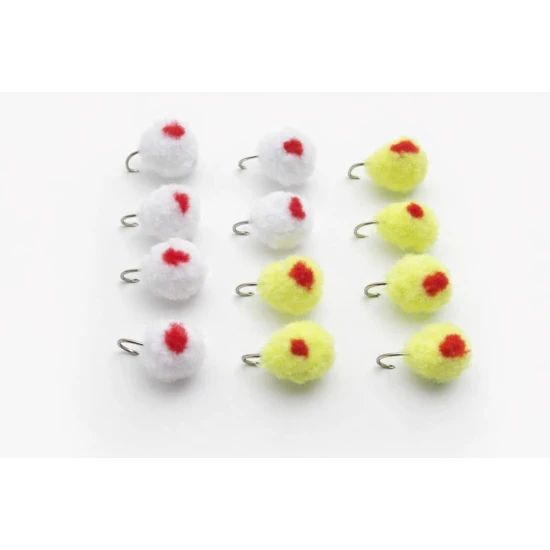 12 Barbless Red Spot Eggs - Chartreuse & White
