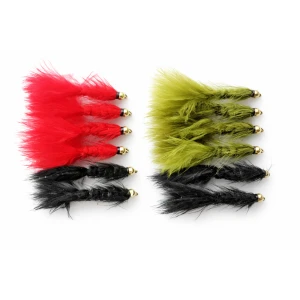 12 Barbless Goldhead Woolly Buggers, Black Olive and Red
