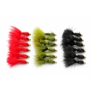 18 Barbless Goldhead Woolly Buggers - Red, Olive, Black