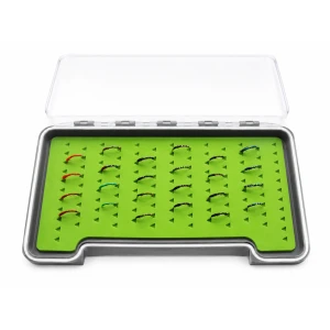 32 Buzzers in a Troutflies green MEDIUM Silicone Box - Named flies