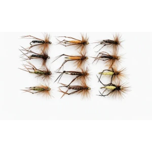 12 Standard Hopper Flies - black, brown, olive, orange, yellow and Claret