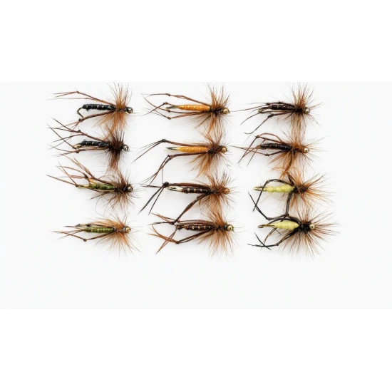 12 Standard Hopper Flies - black, brown, olive, orange, yellow and Claret