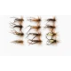12 Standard Hopper Flies - black, brown, olive, orange, yellow and Claret