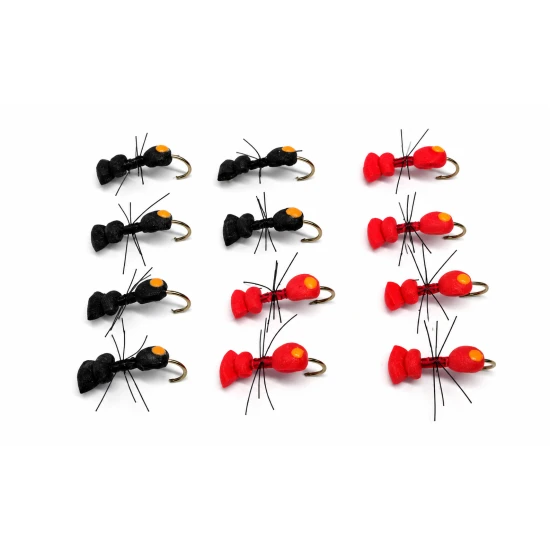 12 Dry Flies - Foam Ants, Black and Red