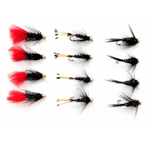 12 Goldhead Nymph, Blacks - Zulu, Black & Silver, Black & Pennel