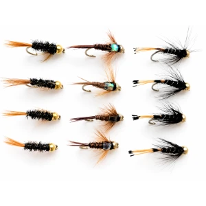 12 Goldhead Nymphs - Diawl bach, Flash Pheasant, Black Pennel