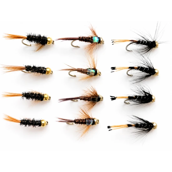 12 Goldhead Nymphs - Diawl bach, Flash Pheasant, Black Pennel