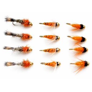 12 Goldhead Oranges Nymph - Toms choice, Aylotts, Hares ear orange collar