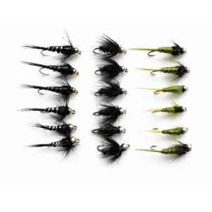 18 Goldhead Nymph  Flies - Black & Peacock ,Olives, black & Silver