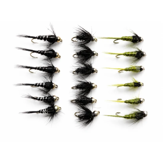 18 Goldhead Nymph  Flies - Black & Peacock ,Olives, black & Silver